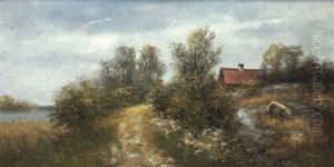 Svenskt Sommarlandskap Med R"d Stuga by Johan Severin Nilsson
