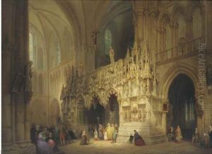A Cathedral Interior With Figures At Mass
