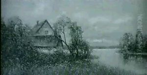 Svenskt Sommarlandskap Med Hus Vid Sjo - Aftonljus by Johan Severin Nilsson