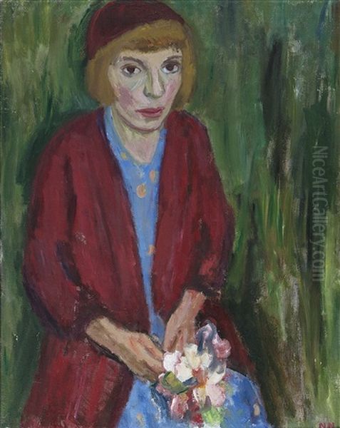 Ung Kvinna I Rott Med Blombukett - view 1