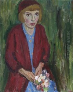 Ung Kvinna I Rott Med Blombukett by Nils Nilsson