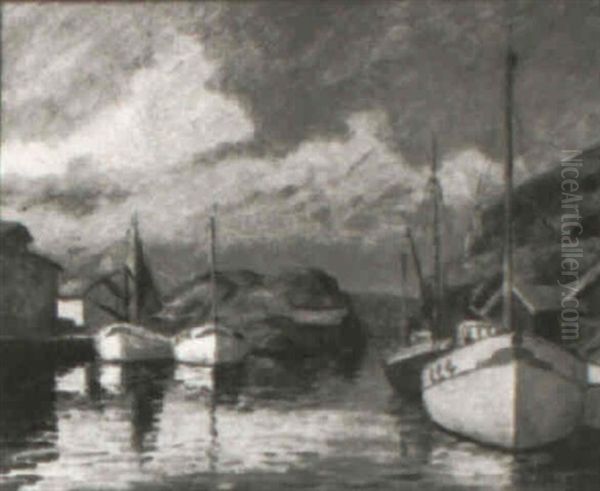Harbor Scene With Boats At Anchor, Large Rock Formations Beyond by Nils Nilsson