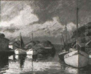 Harbor Scene With Boats At Anchor, Large Rock Formations Beyond by Nils Nilsson
