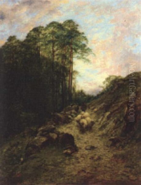 Shepherd And Longhorned Sheep On A Highland Path - view 1