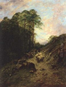Shepherd And Longhorned Sheep On A Highland Path by Pollock Sinclair Nisbet