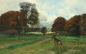 Scenery With Two Fallow Bucks In The Fall In Dyrehaven by Thorvald Simeon Niss