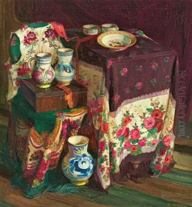 Stilleben Mit Siebenburger Stickereien Und Keramik by Rudolf Nissl