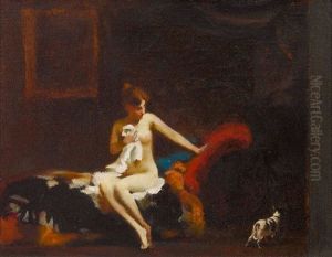 Weiblicher Akt Mit Hundchen Im Boudoir by Rudolf Nissl
