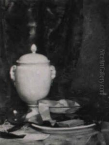Stilleben Mit Porzellanvase Und Glasschalen Vor Einem Vorhang by Rudolf Nissl