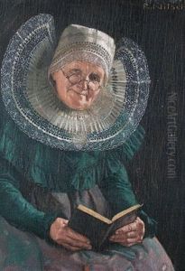Portrait Of An Elderly Lady, Seated, With A Large White Lace Collar Holding A Book
