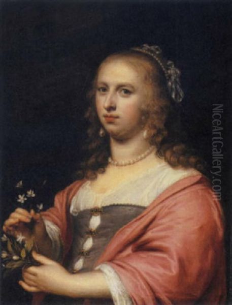Portrait Of A Lady In A White Bodice And Crimson Shawl Holding A Bouquet Of Narcissi - view 1