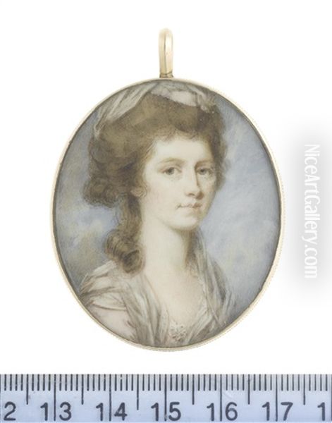 A Lady, Wearing White Fichu Over Pale Pink Dress With Lace Trim, A White Kerchief Trimmed With Pale Pink Ribbon In Her Upswept Brown Hair - view 1