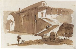 A Building With A Loggiato And A Long Staircase by Giuseppe Bernardino Bison