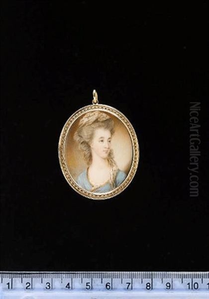 A Lady Wearing Gold Trimmed Turquoise Dress And White Turban With Gold Decoration, Her Hair Powdered - view 1