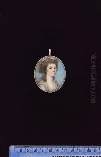 A Lady, Wearing White Fichu Over Pale Pink Dress With Lace Trim, A White Kerchief Trimmed With Pale Pink Ribbon In Her Upswept Brown Hair - view 1