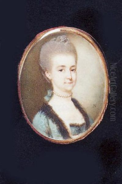 A Young Lady In A Low-cut Blue Dress Trimmed With Fur, Wearing A Pearl Choker And A String Of Pearls In Her Upswept Powdered Hair - view 1