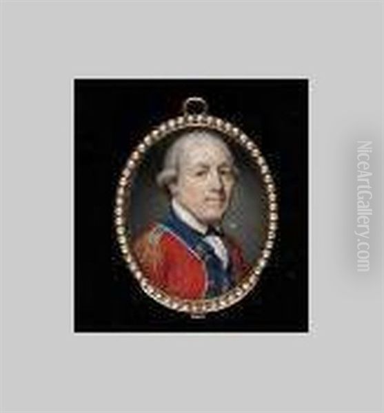 Officer (cavalry Officer?) Wearing Scarlet Coat With Blue Facings Piped White And Epaulette, His Hair Powdered And Worn En Queue - view 1