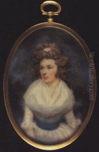 A Lady Wearing White Dress With Fichu, Lace Cuffs And Turquoise Waistband, A White Bandeau In Her Hair