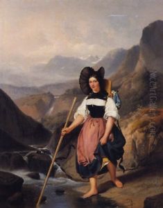 Berner Trachtenmadchen Am Gebirgsbach by Henry de Nobele