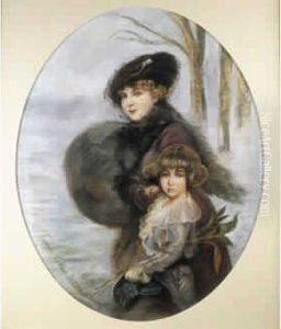 Portrait D'une Elegante Avec Sa Petite Fille Sur Un Fond De Paysage Enneige. by Francois-Victor Bisou
