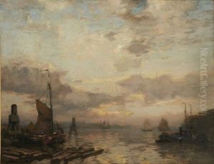 A Busy Dutch Estuary With Barges by James Campbell Noble