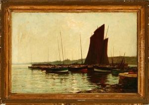 A Harbour Scene With Several Fishing Dinghies On A Calm Afternoon by James Campbell Noble
