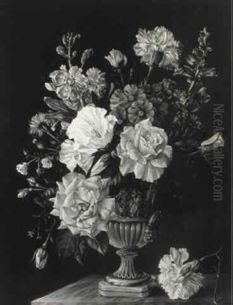 Roses, Carnations And Other Flowers In An Urn On A Marble   Ledge - view 1