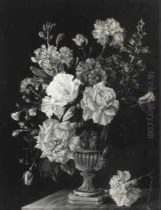 Roses, Carnations And Other Flowers In An Urn On A Marble   Ledge