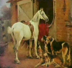 A Grey Hunter And Foxhounds By A Stable Door