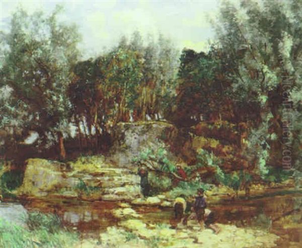 Children Playing On The Banks Of A River - view 1