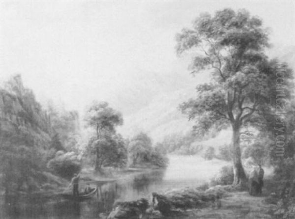 Figures On A Track In A Mountainous Highland Landscape; Figures On A Track By A River In A Mountainous Highland... - view 1