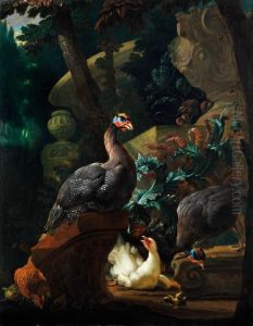 Perlhuhnpaar Mit Kuken Neben Distelblattern Vor Dunklerwaldlandschaft Mit Steinen Und Marmorvase by Abraham Bisschop Dordrecht
