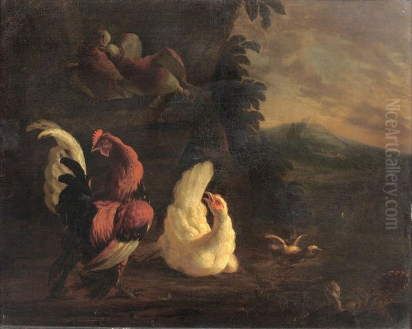 A Cockerel And Chickens In A Landscape - view 1