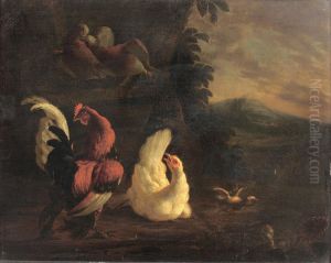 A Cockerel And Chickens In A Landscape by Abraham Bisschop Dordrecht