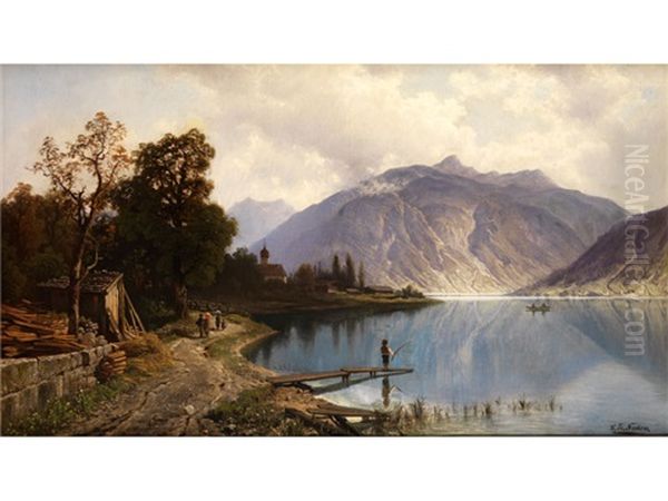 Blick Auf Einen Alpsee Mit Fischer - view 1