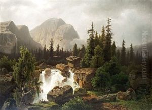 Am Wasserfall In Den Alpen by Theodor (Wilhelm T.) Nocken
