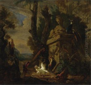 Still Life Of A Chicken, A Turkey, A Pheasant And A Goat In Anextensive Classical Landscape by Abraham Bisschop Dordrecht