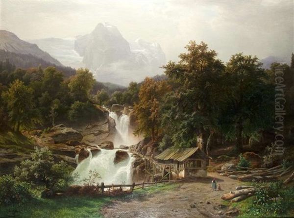 Alpenlandschaft Mit Muhle Am Tosenden Wasserfall - view 1