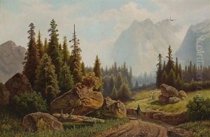 Wanderer In Gebirgslandschaft by Theodor (Wilhelm T.) Nocken