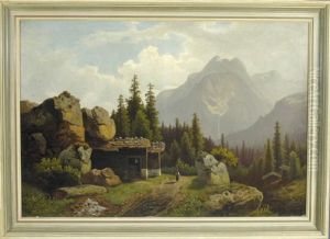 Blick Von Einer Belebten Gebirgsdorfszenerie Auf Den Gegenuberliegenden Watzmann by Theodor (Wilhelm T.) Nocken