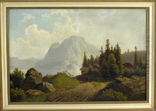 Wanderer In Gebirgslandschaft Mit See - view 1