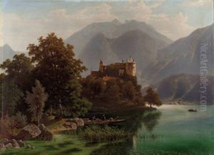 Alpine Seelandschaft Mit Burg (golling) by Theodor (Wilhelm T.) Nocken