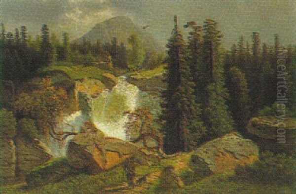 Alpenlandschaft Mit Einem Wasserfall Und Wanderer - view 1