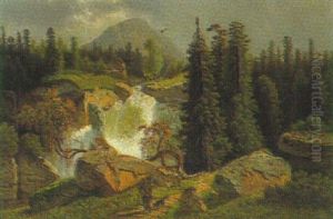 Alpenlandschaft Mit Einem Wasserfall Und Wanderer by Theodor (Wilhelm T.) Nocken