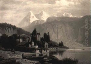 Alpenseelandschaft - Am Ufer Eine Burganlage by Theodor (Wilhelm T.) Nocken