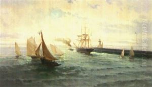 Blick Von Einem Hafen Auf Zahlreiche Segelboote Und Raddampfer by Paul Ange Nocquet