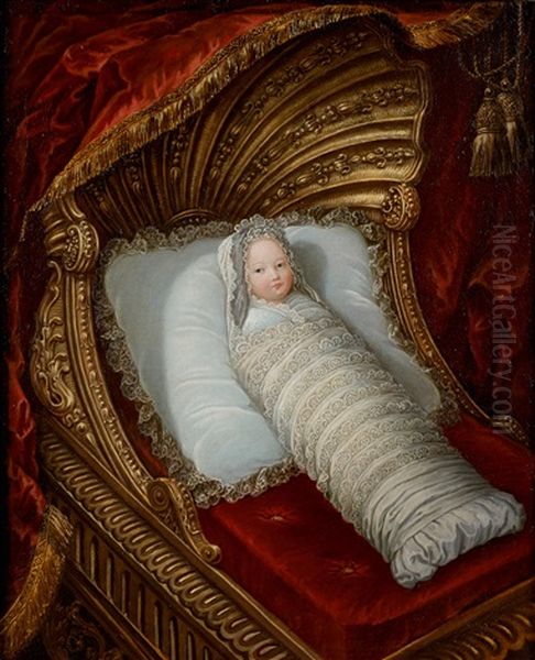Enfant Emmaillotte Dans Un Berceau En Forme De Conque - view 1