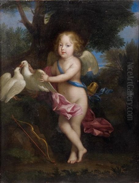 Portrait D'un Jeune Garcon En Cupidon Jouant Avec Des Colombes - view 1