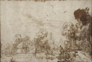 Paysage Anime Au Pont by Cornelis Bisschop