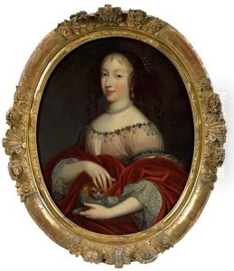 Portrait De Henriette- Anne D'angleterre (?), Duchesse D'orleans Avec Un Petit Chien